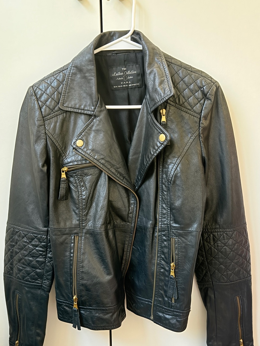 ZARA Black Leather Quilted Moto Jacket with Gold Hardware